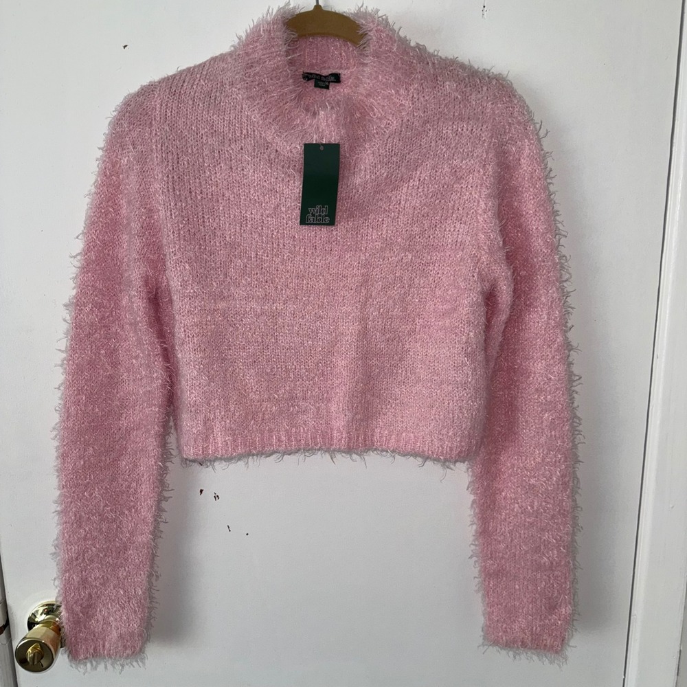 Wild Fable Pink Fuzzy Mock Neck Cropped Sweater Long Sleeve Cute Trendy Large